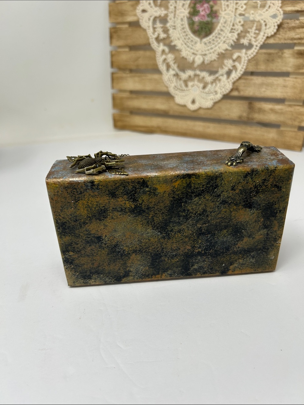 Steampunk Metal Accent Wood Piece with Bee Motif - Bronze Blue Patina - Picture 3 of 9